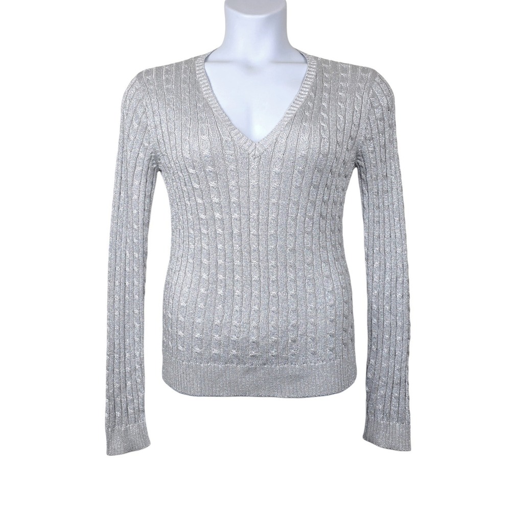 Lauren Ralph Lauren Womens Silver Silk Blend Cable Knit V-Neck Sweater Size M